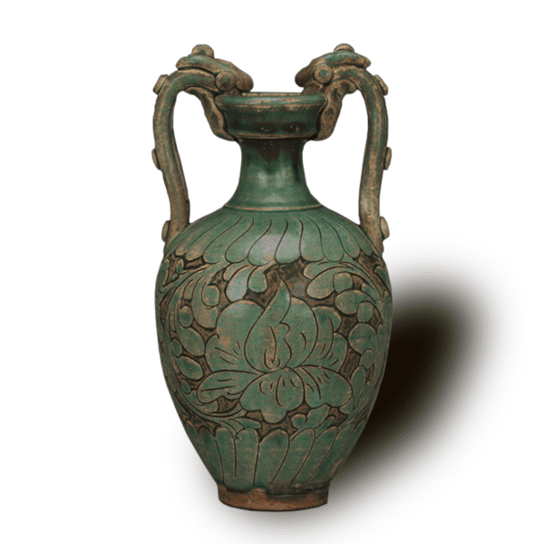 Green glaze twined branches and shaved flowers double dragon vase