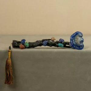 Qing Dynasty Rosewood Ruyi Scepter Decorated with Lapis Lazuli, Turquoise, Shoushan Stone, and Lingzhi Motif