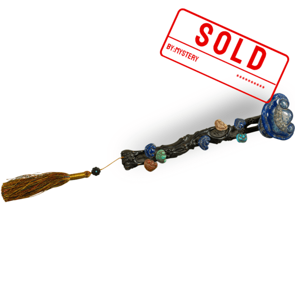 Qing Dynasty Rosewood Ruyi Scepter Decorated with Lapis Lazuli, Turquoise, Shoushan Stone, and Lingzhi Motif