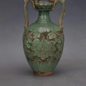 Green glaze twined branches and shaved flowers double dragon vase