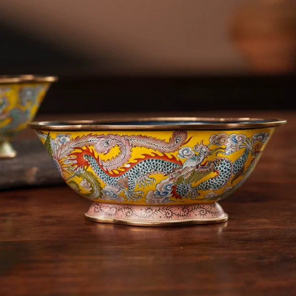 Qing Dynasty Cloisonné Enamel Hawthorn Cup with Dragon and Phoenix Motif