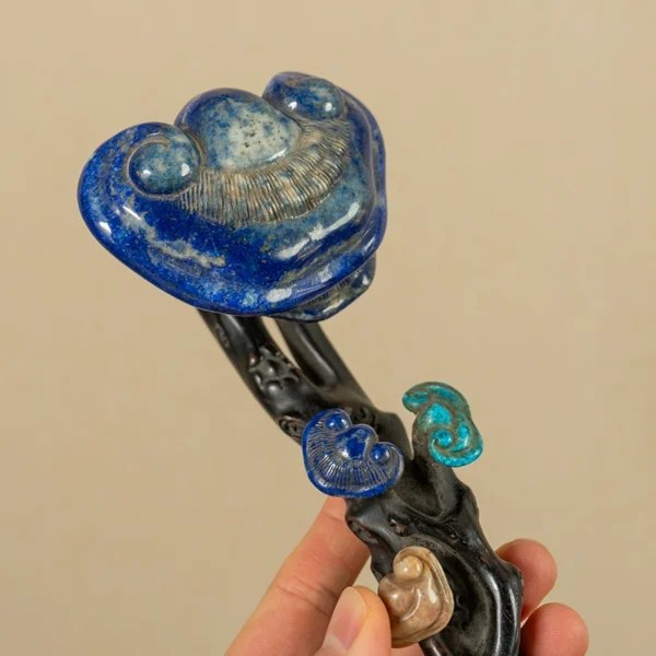 Rosewood Ruyi Scepter Decorated with Lapis Lazuli, Turquoise - Image 3