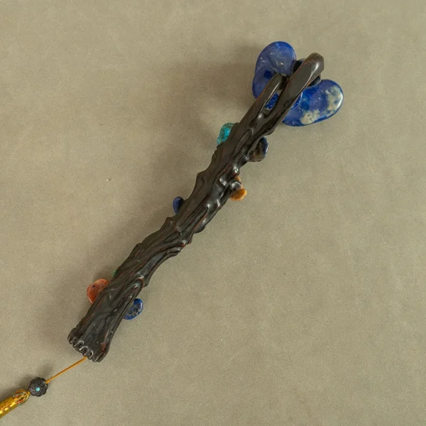 Qing Dynasty Rosewood Ruyi Scepter Decorated with Lapis Lazuli, Turquoise, Shoushan Stone, and Lingzhi Motif