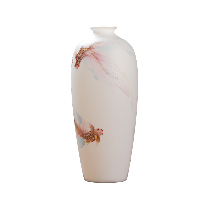 Golden Sparkle Goldfish on White Ceramic Vase - Decorative Home Ornament