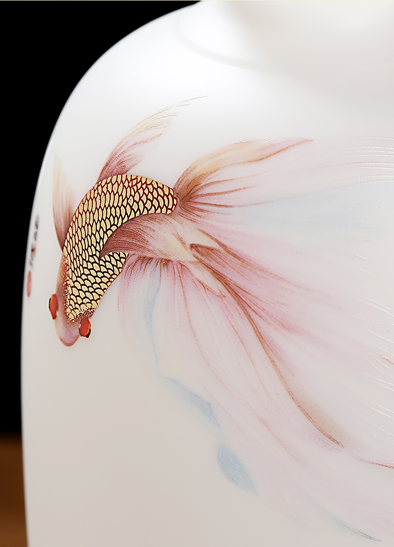 Golden Sparkle Goldfish on White Ceramic Vase - Decorative Home Ornament