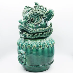 Green Ceramic Lion Head and Drum Art Sculpture - Unique Entryway Decor Gift