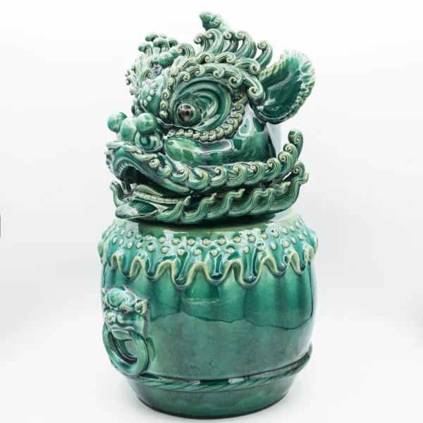 Green Ceramic Lion Head and Drum Art Sculpture - Unique Entryway Decor Gift - Image 2