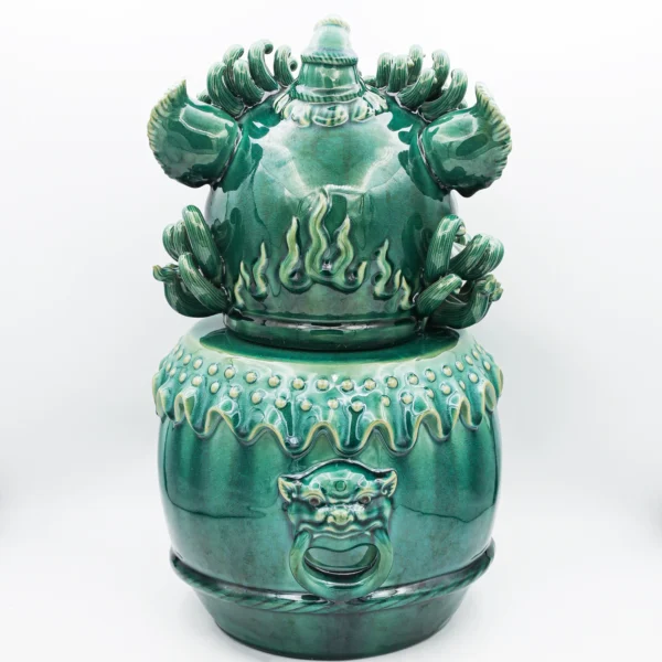 Green Ceramic Lion Head and Drum Art Sculpture - Unique Entryway Decor Gift - Image 4